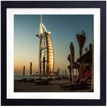 Framed Wall Art- dubai burj al arab palm trees deck chairs beach- Art Print Black Wood Framed Wall Art Picture For Home Decoration - 18"x18" (45cmx45cm) - Framed