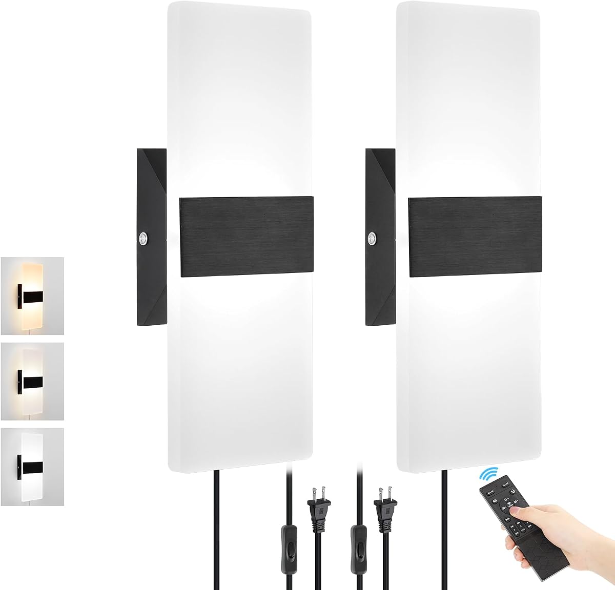 Plug in Wall Sconces with Adjustable 3000K-6500K Colors & 10%-100% Brightness, Wall Sconces Set of Two with Remote, 12W Acrylic LED Plug in Wall Light, Sconces Wall Decor Set of 2 (2 PACK,Black)
