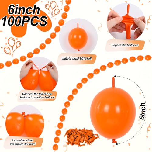 Image of Orange Linking Balloons, 100PCS 6 Inch Orange Link Balloons for Making Balloon Wall Heart Arch, Tails Balloon for Birthday Graduations Bridal Baby Shower Fall Thanksgiving Halloween Party Decorations