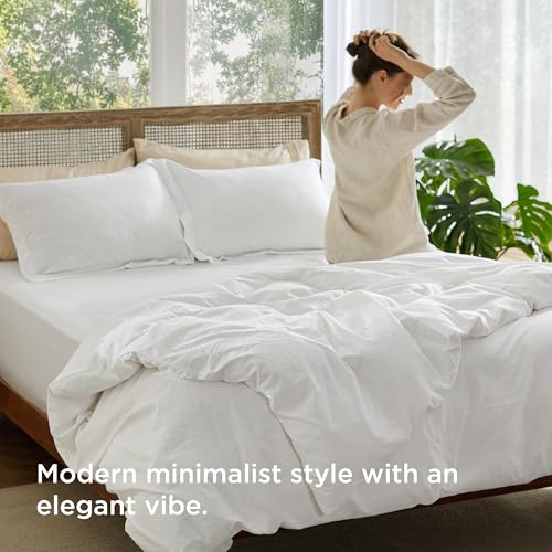 Image of Bedsure Textured Duvet Cover Queen Size - Cotton-Like Polyester Jacquard Duvet Cover Set for All Seasons - 3 Pieces Elevated Textured Dobby Soft Bedding Set, NO Comforter (White, Queen, 90 inchx 90 inch)