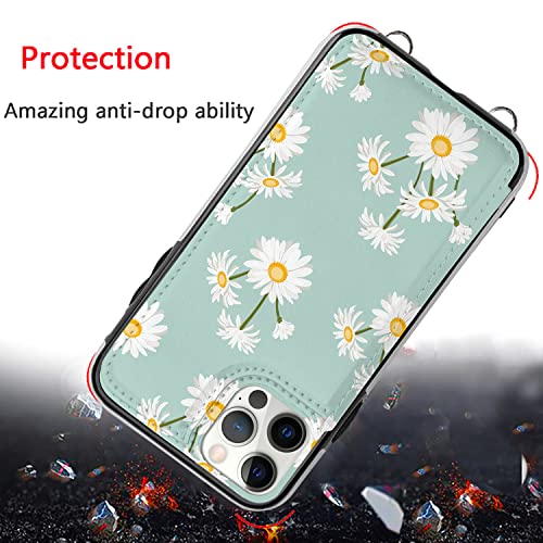 Crosspace Lanyard Case Compatible With Iphone 13 Pro,Crossbody Case With Card Holder,Strap And Convertible Flip Stand,Unique Copyright Green Daisy Flower Design Wallet Case For Women And Girls #TOP2