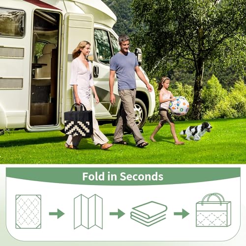 Image of GENIMO Outdoor Rug, Waterproof Plastic Rugs 10'x14' for Camping Black Beige | Outside Larger Modern Carpet Mat for Patio Decor, RV, Porch, Camper, Deck, Picnic, Beach, Backyard, Reversible, Foldable