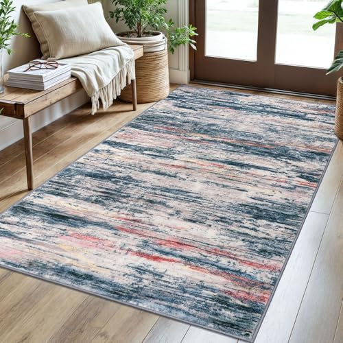 3x5 Teal Blue Peach Gray Multi Modern Abstract Rug for Farmhouse, Super Soft Washable Rug with Non-Slip, Low-Pile Indoor Door Area Rugs for Living Room Bedroom, Living Carpet with Non-Shedding