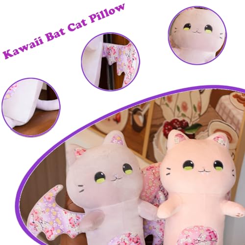 Image of Long Bat Cat Plush Body Pillow Super Soft Stuffed Pink Kitten with Wings,Fluffy Bat Kitty Plushie Big Toy Gifts /23.6''