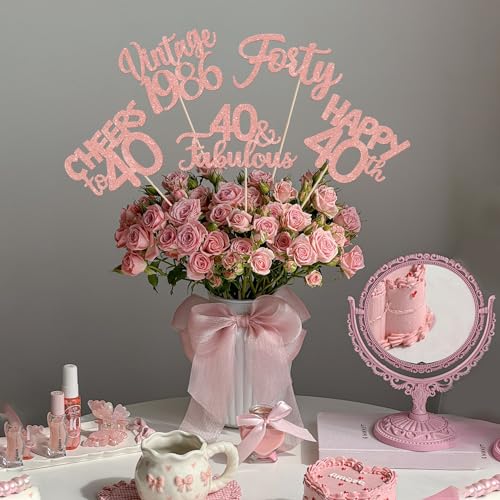 Image of 15 PCS 40th Birthday Centerpiece Sticks Double Sided Forty Happy 40 Vintage 1986 Table Flower Centerpieces Sticks Cheers to 40 Fabulous Floral Decorations for 40th Birthday Party Supplies Rose Gold