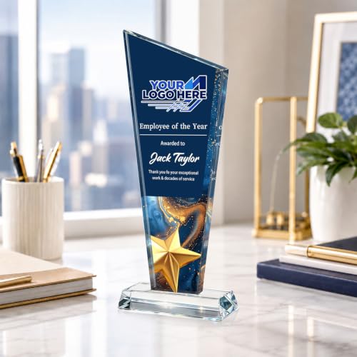 Image of Custom Crystal Trophy Award Personalized Plaque Award with Text Logo Photo Awards Trophies for Employee Recognition Team Graduation Personalized Office Gifts for Boss Coworker Teacher