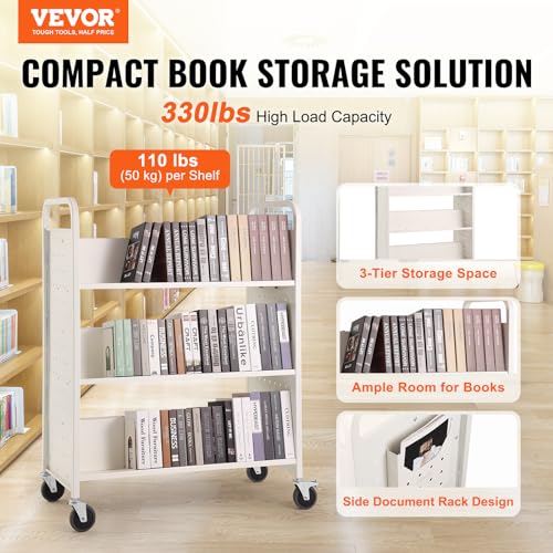 Image of VEVOR Book Cart, 330 lbs Library Cart, 39.4 inch x 20.1 inch x 49.2 inch Rolling Book Cart, Double Sided W-Shaped Sloped Shelves with 4-Inch Lockable Wheels for Home Shelves Office School, Book Truck in White | for Home Shelves Office School, Book Truck, Double Sided W-Shaped Sloped Shelves, Flexible with 4-Inch Lockable Wheels, White