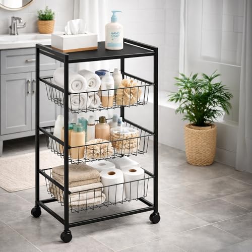 Image of WINSTAR Metal Rolling Trolley with Lockable Wheels | Heavy Duty Multifunctional Storage Cart with Pull-Out Wire Baskets | Fruit Vegetable Organizer Rack with Tabletop (Black, 3-Tier wd Tabletop)