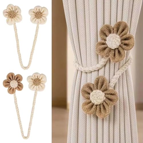 Image of Catchy Rope White & (Set of Brown Holders Holdback 2) Curtains Tieback Drapery Jute Tiebacks. Natural Decorative Window Neutral Combo Curtains Floral Curtain Beautiful (4, Complete Brown)
