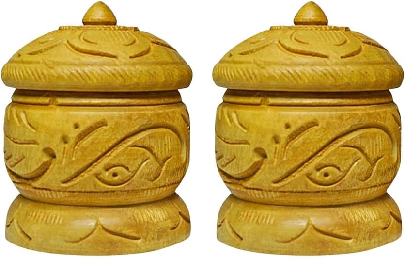 Set of 2 Pc Wooden Keepsake Box with Lid Sindoor Dani 2.5" X 2" Hand Carved Kumkum Holder For Pooja Mini Trinket Jewelry Organizers Gift Box