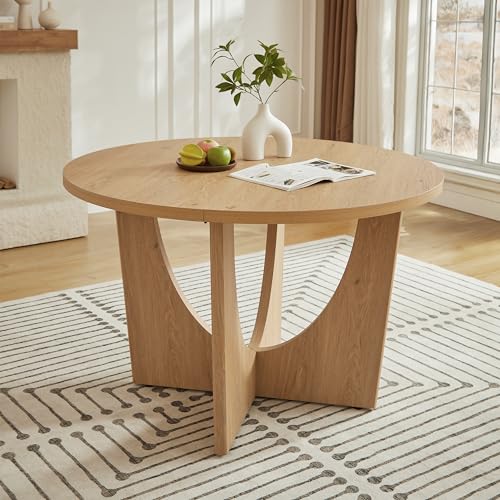 Round Dining Table for 4-6, 47 Inch Solid Natural Oak Kitchen Table with Pedestal Base & Metal Cross Brace, Modern Small Space Breakfast Nook Table, Easy Assembly