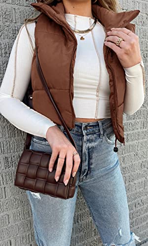 Merokeety Women's Casual Sleeveless Puffer Jacket Vest Stand Collar Padded Gilet Coat With Zipper,Coffee,S #TOP6
