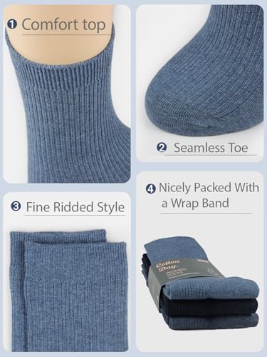 COTTON DAY Women's Combed Cotton Colored Fine Ribbed Trouser Dress Socks Beige Denim Blue Purple 3 Pack3
