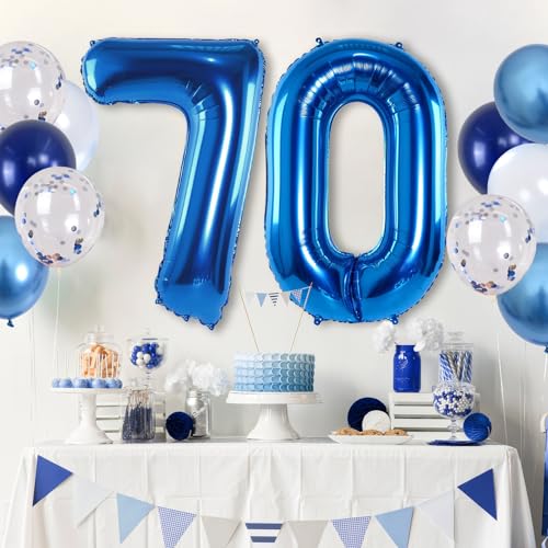 Image of Giant Number Foil Balloon 70, Dark Blue Self Inflating 70th Birthday Balloon for Men, 40'' 70 Balloon Light Navy Blue with Metallic Silver Confetti Balloon for Anniversary Party Decorations Supplies