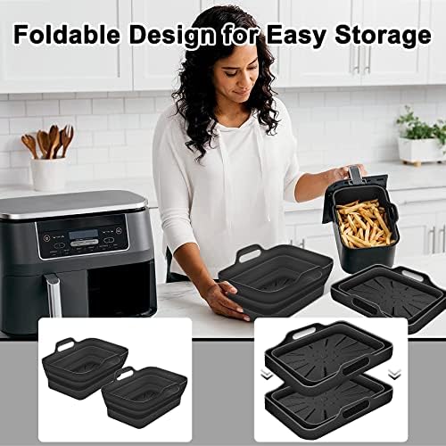 2PCS Foldable Silicone Liners for Ninjas Dual Air Fryer AF400UK & Tower T17088, Tuuyee 7.87inch Silicone Air Fryer Pot Basket, Ninja Dual Air Fryer Accessories (Black)