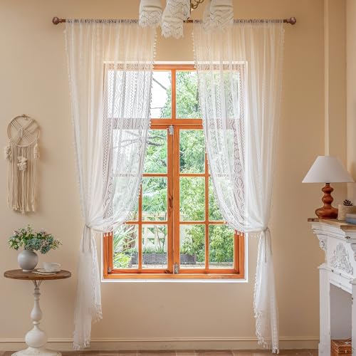 Image of MYSKY HOME White Lace Sheer Curtains with Tassels 63 inch Length 2 Panels Vintage Floral Bohemian French Crochet Geometry Striped Light Filtering Rod Pocket Drapes for Living Room Bedroom, 55 inch W