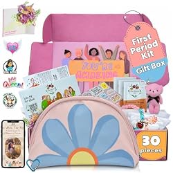 The Bloom First Period Kit for Girls 9-10-12-14 for School, Menstrual Starter Kit Gifts for Teens Girls Includes Sanitary Napkin Storage Bag, Pads, Wipes, Ebook, Period Tracker, Pink (30-PC)