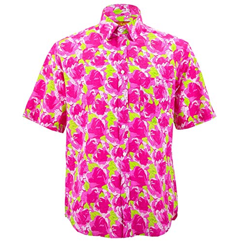 Chemise manche courte rose floral homme coupe standard regular fit taille S 37cm
