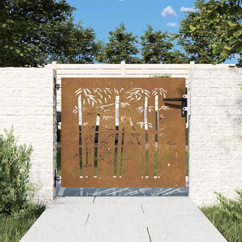 Homgoday Garden Gate, Metal Gate, Garden Door, Fence Door, Garden Gate, Yard Gate, Entrance Gate, Single Gate, Double Gate, Garden Fence, Gate, 85 x 100 cm, Corten Steel, Bamboo Design