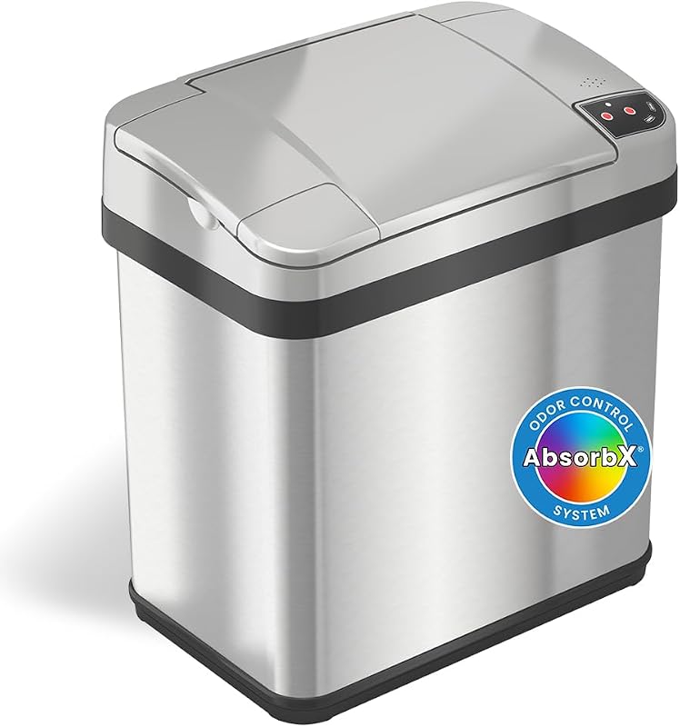 iTouchless 2.5 Gallon Bathroom Trash Can with Odor Control, 10 L Automatic Motion Sensor Bin, Soft-Close Stainless Steel, Slim Wastebasket for Narrow Spaces, Silver