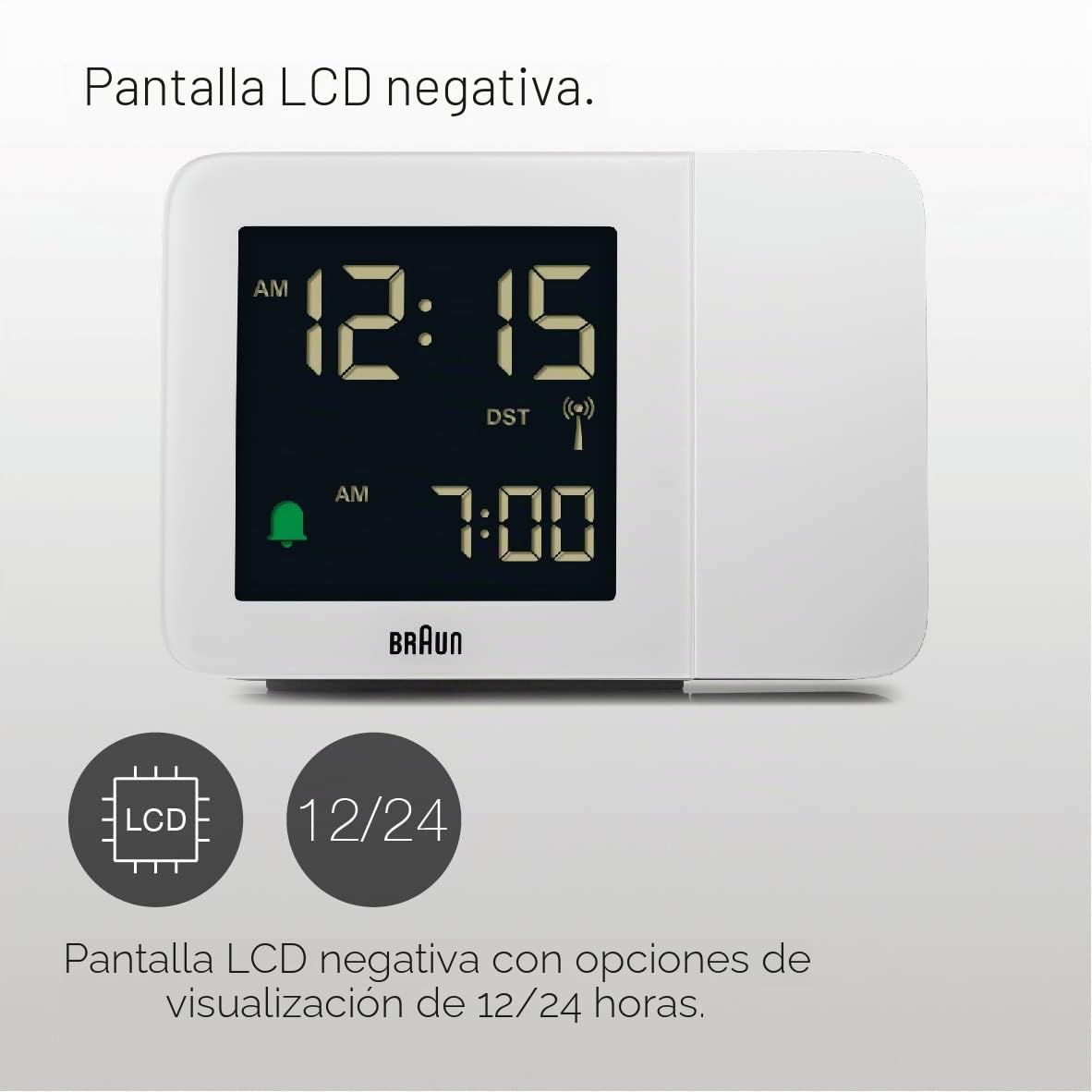 Braun Reloj Despertador Digital con radiocontrol Huso horario de Europa Central (DCF) con 4 Opciones de retroiluminación, Pantalla LCD Negativa, Ajuste rápido, Blanco, Modelo BC15W-DCF