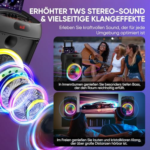 Karaoke Anlage mit 2 mikrofonen(1 Verkabelt & 1 Drahtlos), Karaoke Maschine mikrofon mit Lautsprecher, PA Anlage Komplettset, TWS & LED Modus