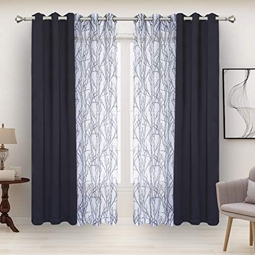 BONZER Mix and Match Curtains - 2 Pieces Branch Print Sheer Curtains and 2 Pieces Blackout Curtains for Bedroom Living Room Grommet Window Drapes, 37x84 Inch/Panel, Grey Dark, Set of 4 Panels
