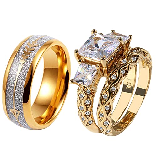 ringheart 2 Rings Couple Rings Three stone Yellow Gold Plated Princess cut Cz Womens Wedding Ring Sets Titanium Steel Man Wedding Bands