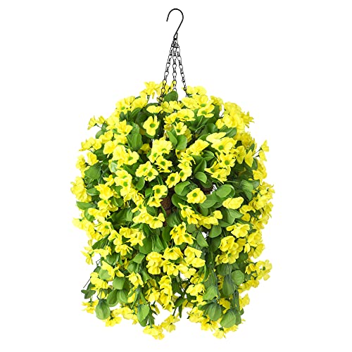 Ammyoo Artificial Hanging Violet Flowers With Basket For Outdoors Indoors Courtyard Decor,Artificial Hanging Vine Plant In Coconut Lining Hanging Basket For Patio Garden Porch Deck Decoration(Yellow) #TOP24
