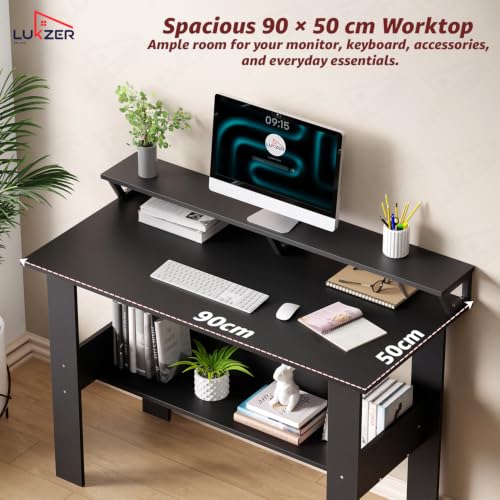 Image of Lukzer Study Table with Monitor Riser & Open Book Shelf (MST-004 /Black) Engineered Wood Computer Table for Laptop, PC & Home Office, DIY Office Desk with Storage Organizer Shelf (90 x 86 x 50 cm)