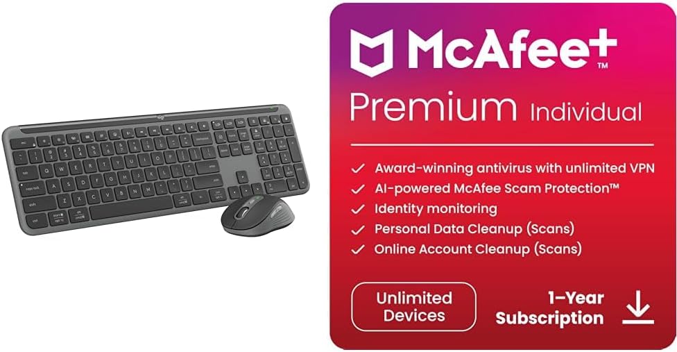 Logitech MK955 Signature Slim Wireless Keyboard and Mouse Combo, Quiet Typing, Switch Across Three Devices, Bluetooth, Multi-OS, Windows and Mac - Graphite + Desk Mat - Studio Series, Mid-Grey