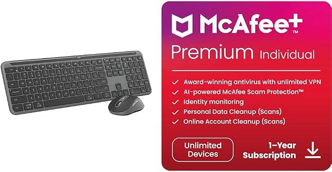Logitech MK955 Signature Slim Wireless Keyboard and Mouse Combo, for Larger Hands + McAfee+ Premium 2024 Individual Plan | Unlimited Devices | Identity and Privacy Protection Software