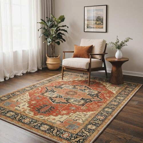 BEIMO Vintage Tapis Salon 120X170 Lavable en Machine AntidéRapant Poil Ras Rug Tapis pour Chambre Salle a Manger Descente de Lit Rouge Orangé Rétro