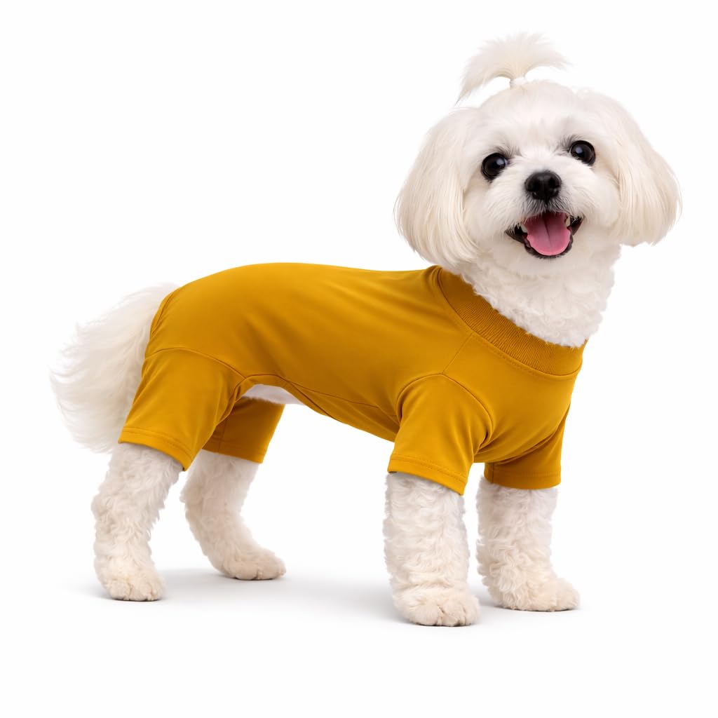 Lovelonglong Dog Full Bodysuit – Stretchy Yoga Fabric 4-Leg Dog Pajamas, Breathable & Lightweight Dog Onesie for Indoor & Outdoor, Shedding Control & Travel Wear Mustard XS