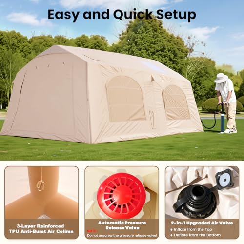 Image of Inflatable Tents for Camping, Blow Up Tent with Hand Pump, Easy Setup Inflatable Hot Tent with Stove Jack, Waterproof Oxford Air Glamping Tents for Camping Adult 4 /6 /8 /10 /12 Person Upgrade Version