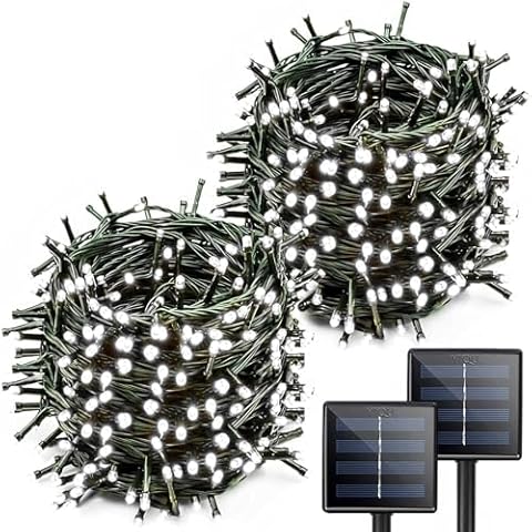 YIQU White Extra-Long 2-Pack Each 72ft 200 LED Solar String Lights Outdoor, Waterproof Green Wire 8 Lighting Modes Solar Christmas Lights for Garden Patio Tree Party Wedding Decorations (Cool White) Cover