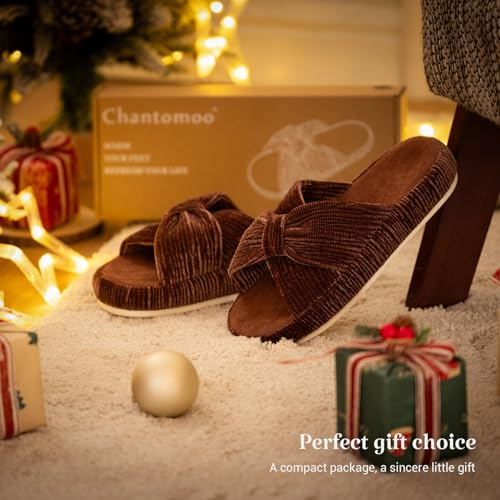 Image of Chantomoo Slippers for Women Memory Foam House Bedroom Corduroy Bow Crossbands Slipper Shoes Comfy Trendy Gift Slippers