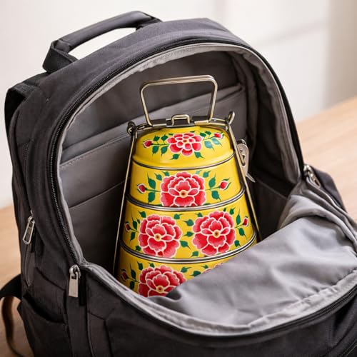Image of iHandikart Handpainted Decorative Lunch Box Tiffin | Multiple Tier Stainless Steel Food Box | Designer Indian Print Tiffin for School | Diwali Gift, Navratri Gift (Color - Multicolor)