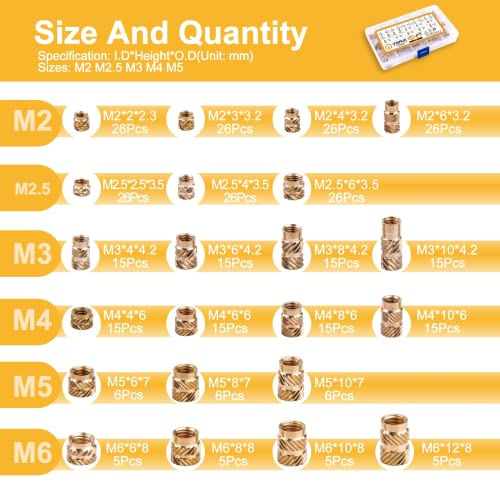 Vigrue 340Pcs M2 M2.5 M3 M4 M5 M6 Metric Knurled Nuts Assortment Set Threaded Insert Nuts Brass Heat Set Insert For Plastic Parts And 3D Printing #TOP2