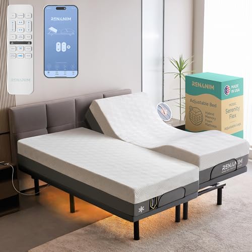 Renanim SF Split King Electric Adjustable Bed Frame with 12" Hybrid Memory Foam Mattress - Adjustable Mattress Base with Electric Massage, USB, UnderBed Light & Wireless Remote
