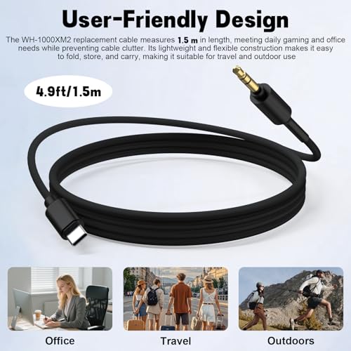 Image of WH-1000XM5 Aux Cable Compatible with Sony WH-1000XM6 WH-1000XM5 WH-1000XM4 WH-1000XM3 WH1000XM2 WH-XB910N WH-H900N WH-CH700N MDR-1A MDR-XB950BT MDR-XB950N1 MDR-1000X MDR-100ABN Headphones, 4.9ft