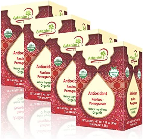 ADANIM BIO Rooibos Pomegranate Tea Organic -"Crimson Sensation" Herbal tea (Pack of 4, 80 individually wrapped tea bags) Caffeine free Rooibos tea, te de granada organico, gifts for women