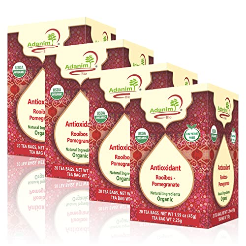 Adanim Bio Rooibos Pomegranate Tea Organic -"Crimson Sensation" Herbal Tea (Pack Of 4, 80 Individually Wrapped Tea Bags) Caffeine Free Rooibos Tea, Te De Granada Organico, Gifts For Women #TOP20