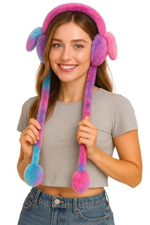 Winter Warm Colorfull Earmuffs with Moving & Jumping Rabbit Ears Headband For Cute Womens And Girls (Multicolor, Pack of 1)-image-13