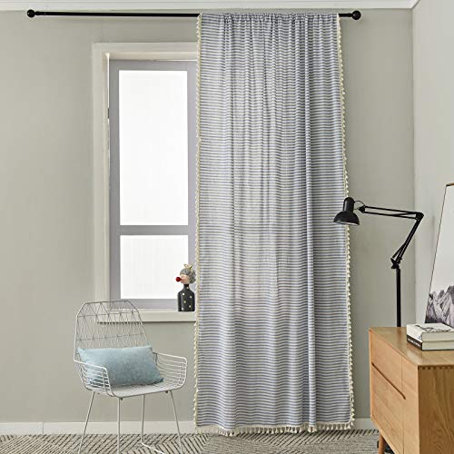 Colorbird Striped Semi-Blackout Window Curtains 2 Panels Farmhouse Style Cotton Linen Darkening Curtains With Tassel Rod Pocket Window Drapes For Dining Living Bedroom (52" W X 84" L, 1 Pair, Blue) #TOP5