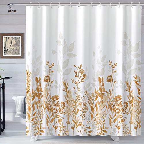 Neasow Rideau de douche marron et gris, rideau de douche à motif floral aquarelle jaune et blanc, 183 x 183 cm