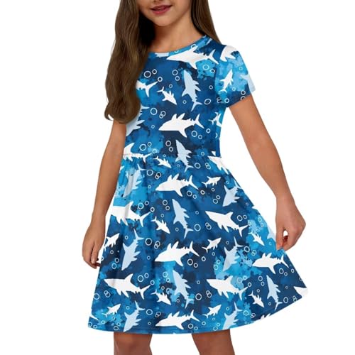 Image of Girls Dress with Pockets Basic Short Sleeve High Waist Swing Skater Dress School Party Dress for Kids
