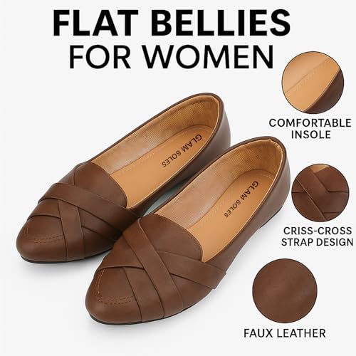 Image of Women's Stylish Flat Belly Shoes - Comfortable Faux Leather Slip-Ons with Crisscross Strap Flats for Office & Casual