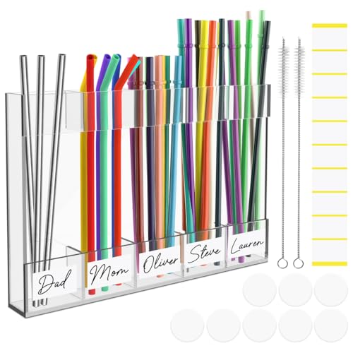 9.8” Clear Acrylic Straw Holder for Cabinet Door – Fits Stanley, Yeti & Reusable Tumbler Straws, Large Capacity Organizer with Strong Adhesive, Includes 2 Cleaning Brushes