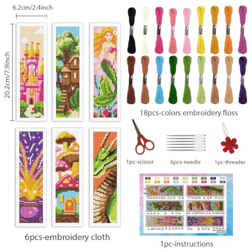 Image of INFUNLY 6 Set Fairytale Elements Cross Stitch Bookmark Kits 8 inchx2.4 inch DIY Mermaids Embroidery Bookmark Kits for Beginners with Instruction Cartoon Castle Bookmark Making Kit for Book Lovers Reader Gift
